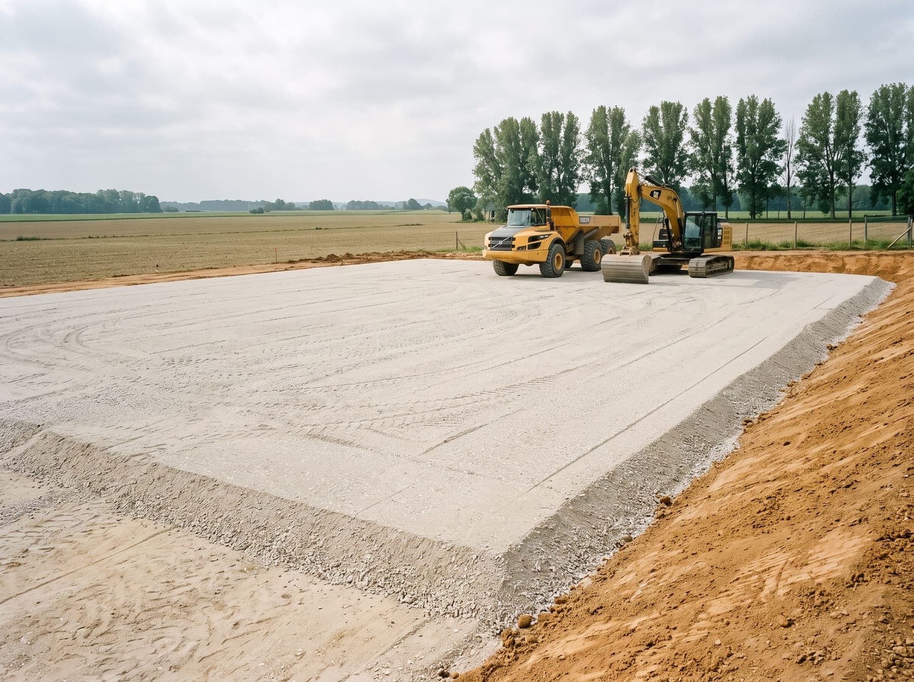 Plateforme de hall artisanal terrassée et compactée à Colmar-Berg, pelle et tombereau en fin de chantier