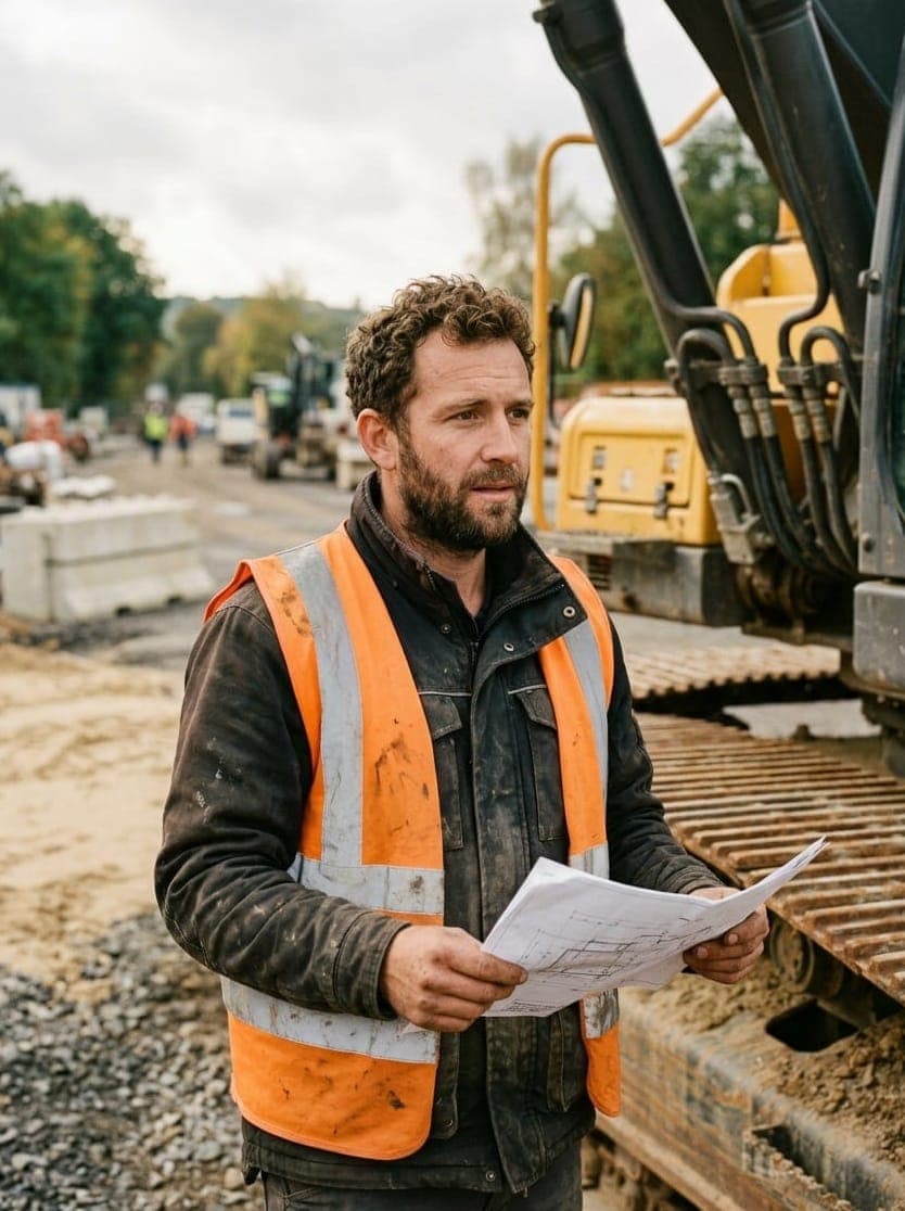 Portrait d’un conducteur de travaux de Terrassement Reuter avec plan de chantier