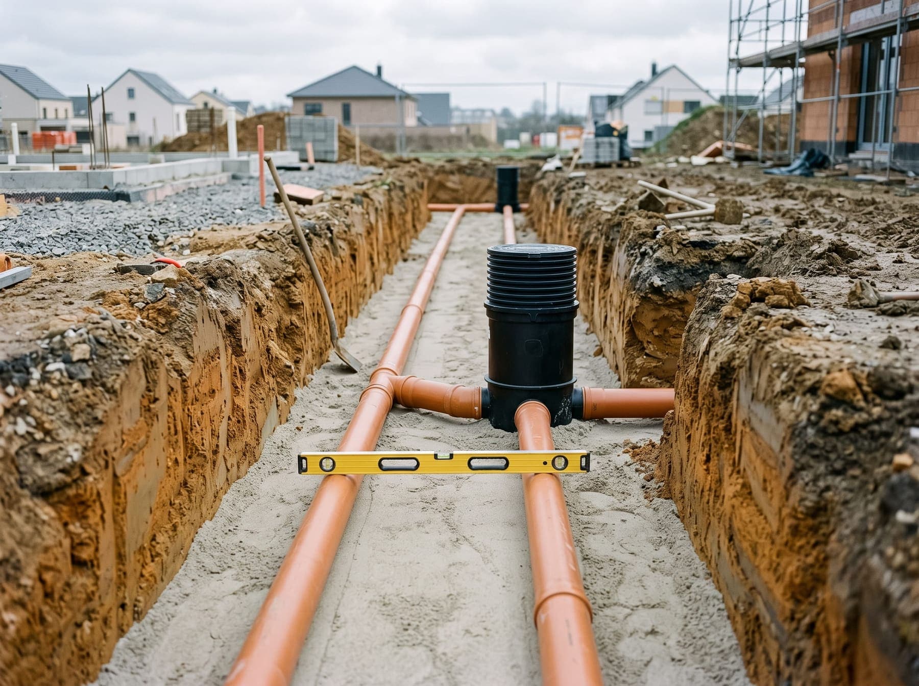 Pose de canalisation d'assainissement PVC en tranchée sur lit de sable, chantier luxembourgeois