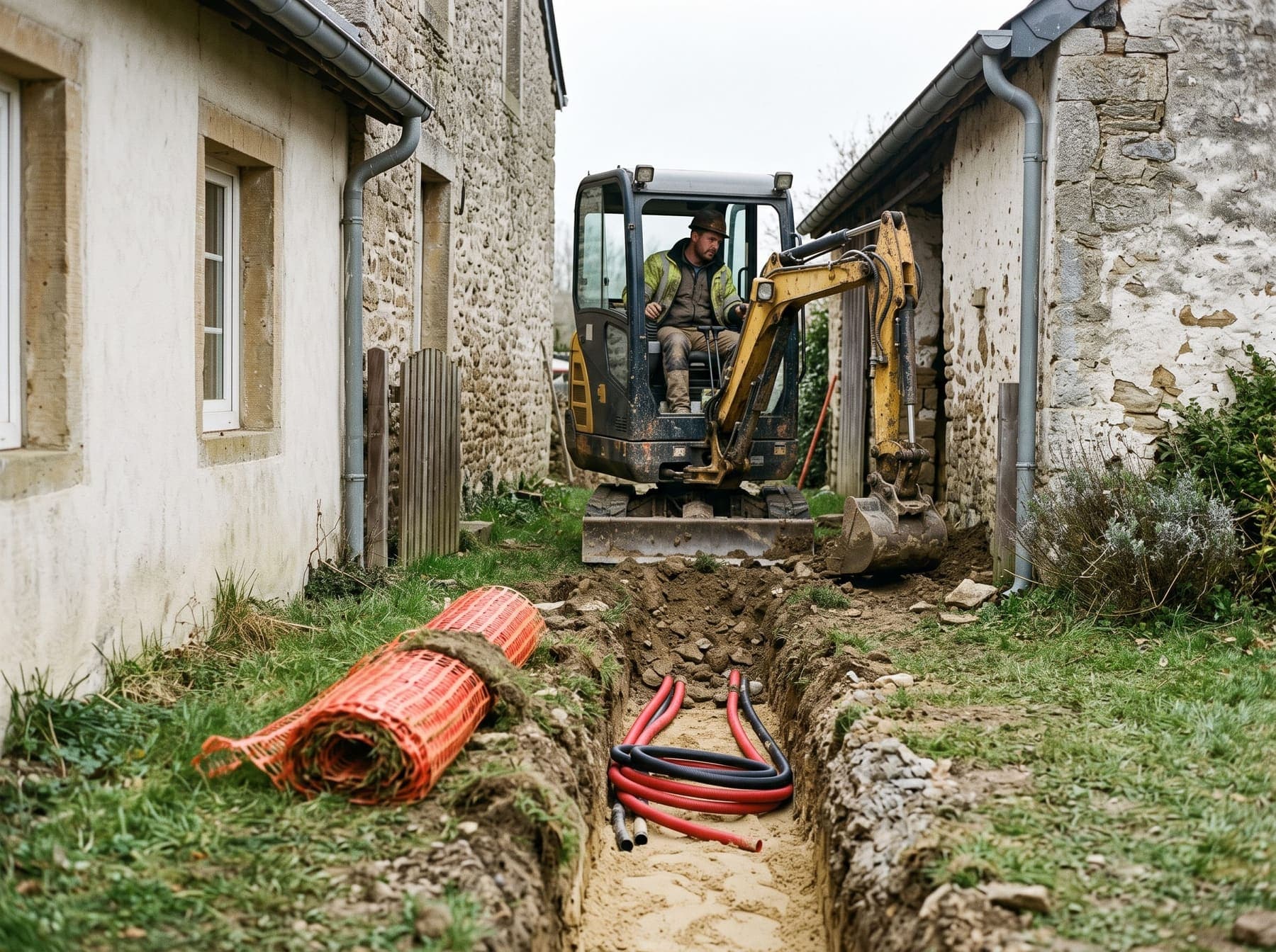 Tranchée de réseaux ouverte avec gaines TPC et grillage avertisseur, chantier au Luxembourg