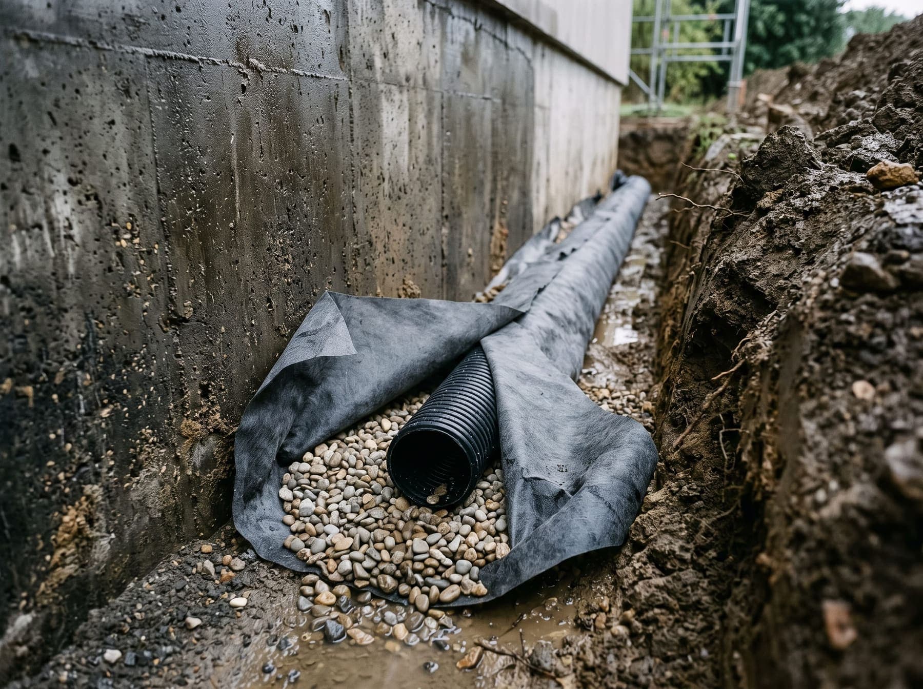 Drain annelé enrobé de grave lavée et géotextile le long d'un mur enterré, chantier au Luxembourg