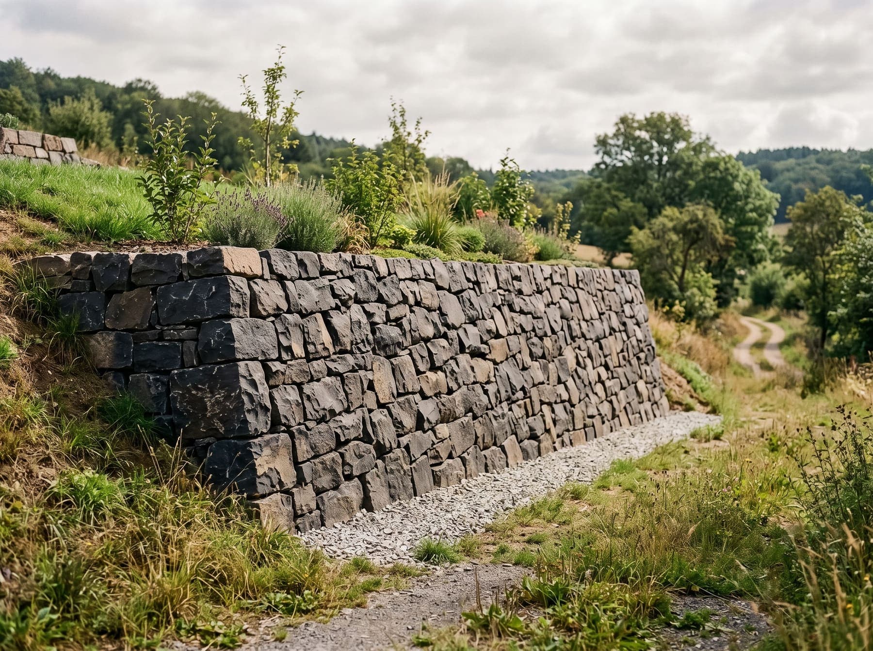Mur d'enrochement en blocs de basalte posé au fruit avec massif drainant, Luxembourg