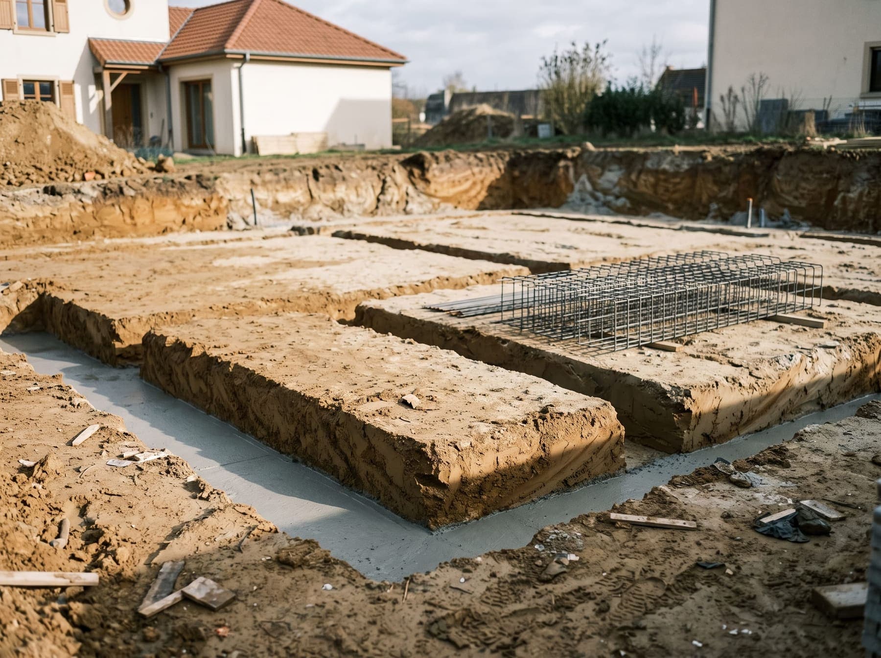 Semelles filantes et béton de propreté en fond de fouille, chantier de fondations au Luxembourg