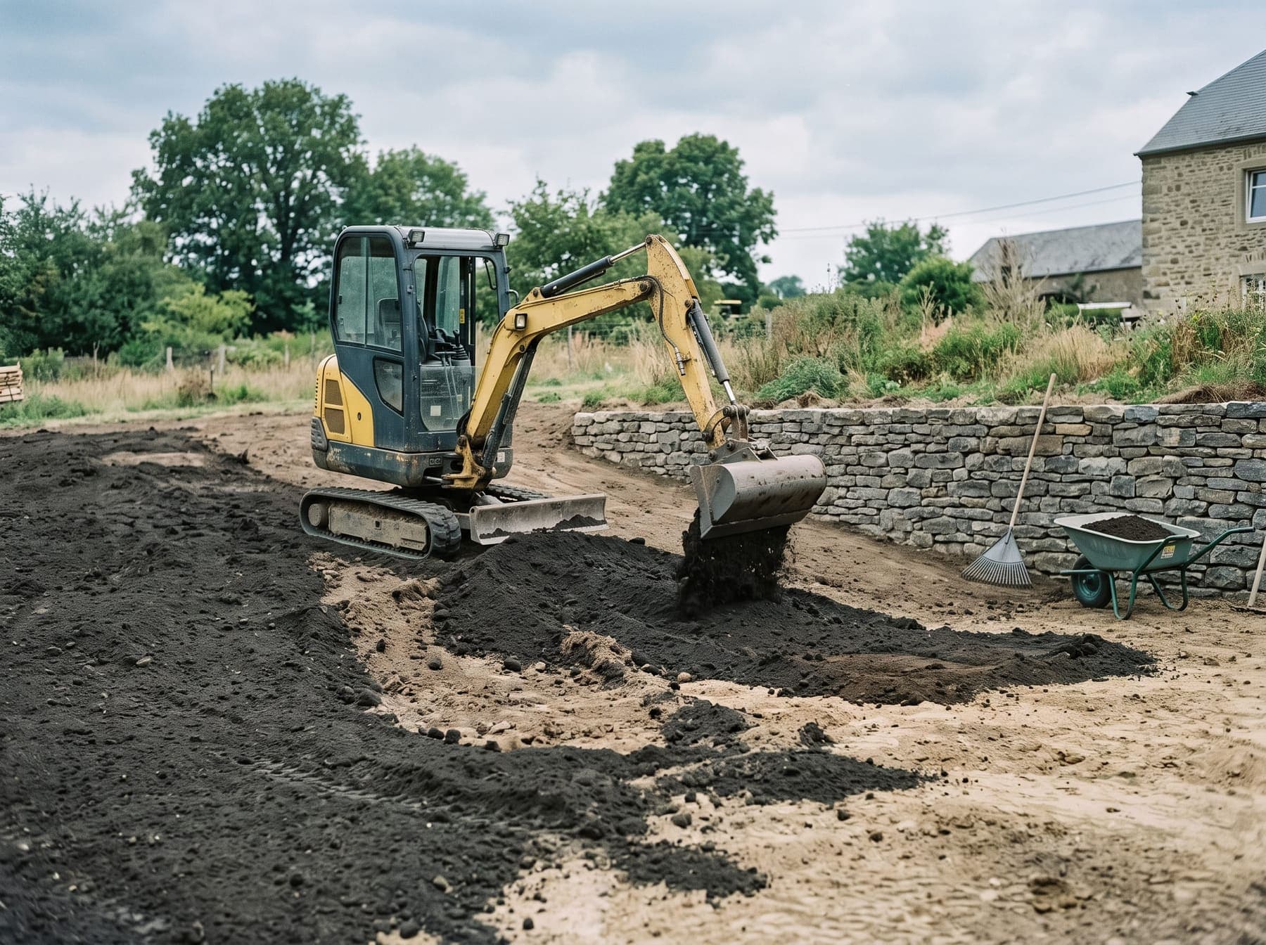 Jardin en cours de modelé avec terre végétale criblée et pente réglée, Luxembourg