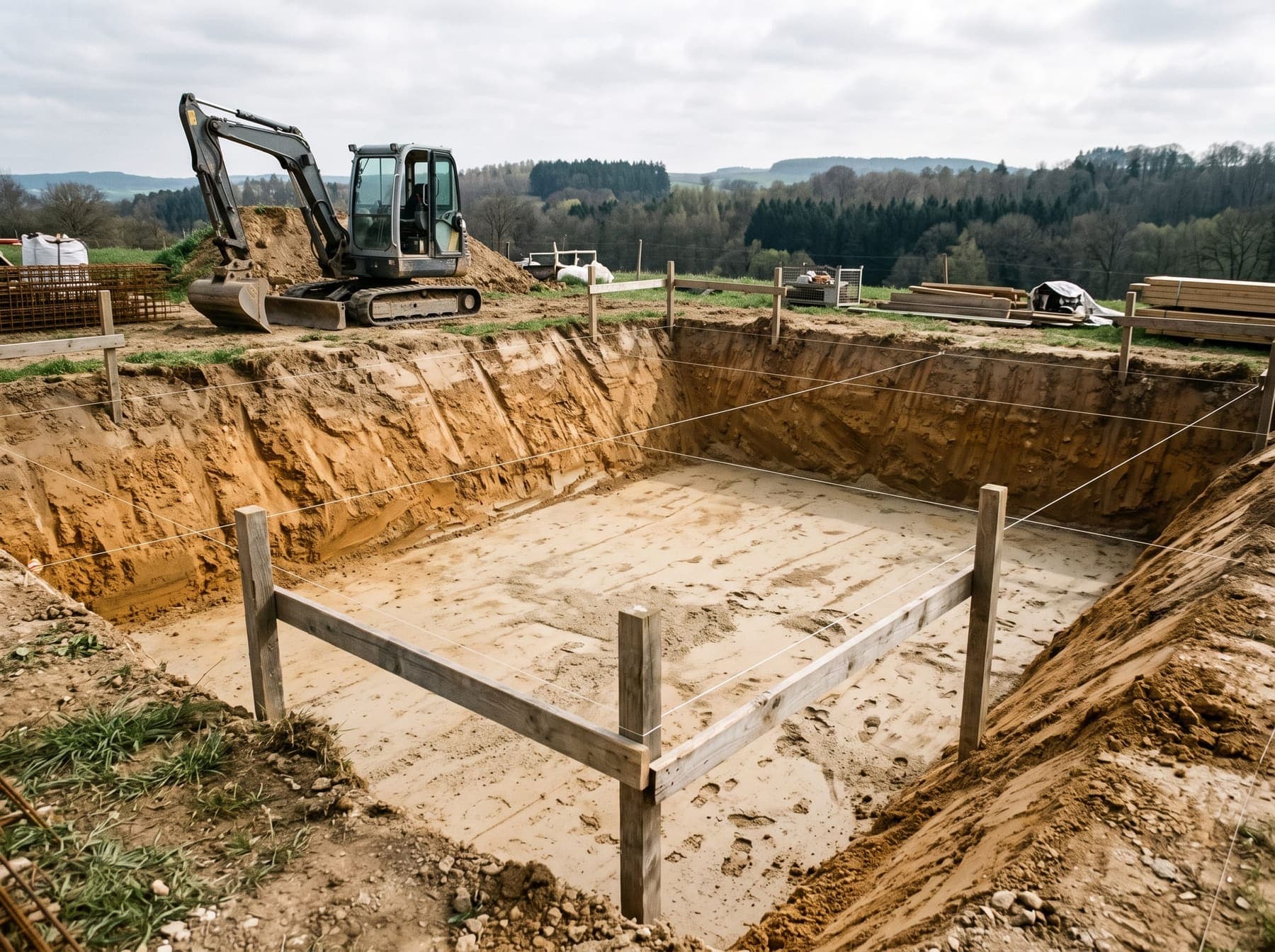 Fouille de maison individuelle avec talus réglés et fond de fouille propre, chantier au Luxembourg