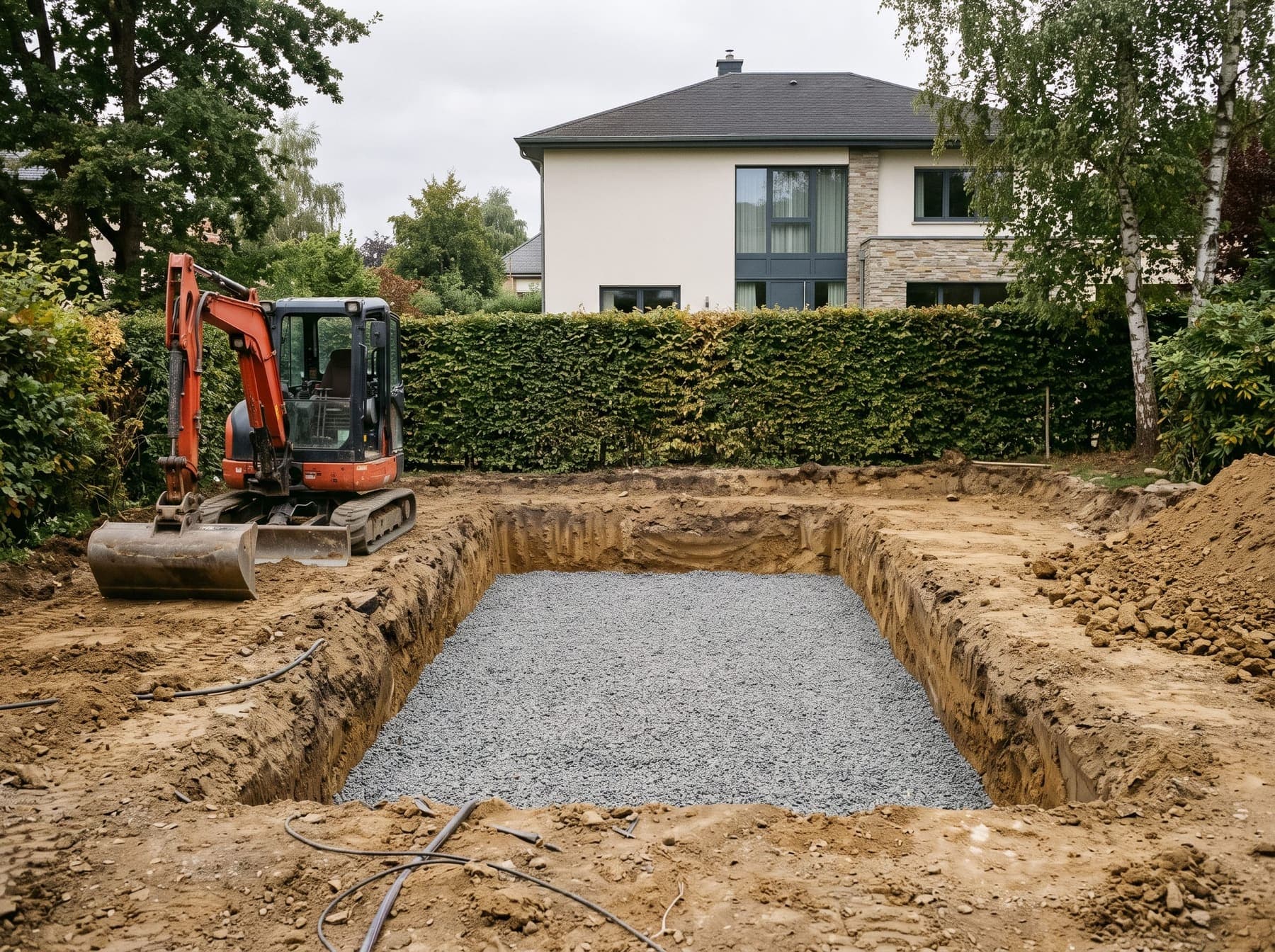 Fouille rectangulaire de piscine avec lit de grave réglé, jardin au Luxembourg